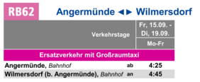 Fahrplan des Großraumtaxis für den Zug 61351 im Zeitraum Mi, 13.09. bis Dienstag, 19.09.2023 zwischen Angermünde und Wilmersdorf (b. Angermünde)