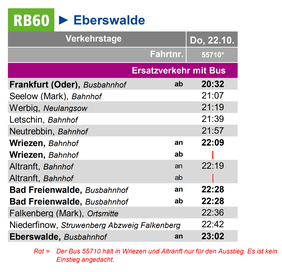 Fahrplan des Ersatzverkehrs am Do, 22.10.2026