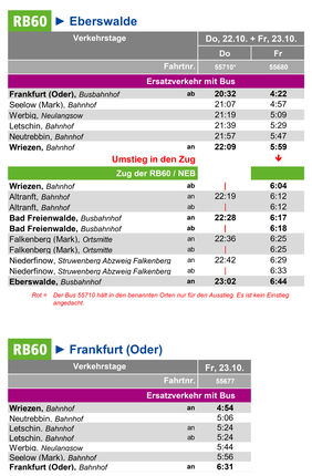 Fahrplan des Ersatzverkehrs im Zeitraum Do, 22.10. - Fr, 23.10.2026
