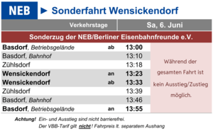 Fahrtzeiten Dampfzug nach Wensickendorf am 6.6. Fahrtzeiten Dampfzug-Sonderfahrt nach Wensickendorf