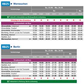 Fahrplan des Ersatzverkehrs im Zeitraum SO, 23.08. - Mo, 24.08.2026