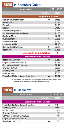 Fahrplan des Ersatzverkehrs am Mo, 05.10.2026