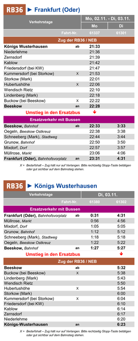 Fahrplan des Ersatzverkehrs im Zeitraum Mo, 02.11. - Di, 03.11.2026