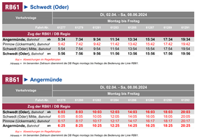 DB Regio Fahrplan mit abweichenden Fahrzeiten (Mo - Fr)