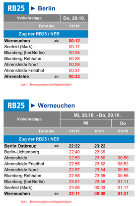 Fahrplan mit abweichenden Fahrzeiten im Zeitraum Mi, 28.10. - Do, 29.10.2026
