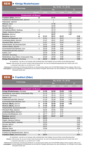 KÖNIGS WUSTERHAUSEN - FRANKFURT (ODER): Fahrplan des Ersatzverkehrs im Zeitraum Do, 15.10. - Fr, 16.10.2026