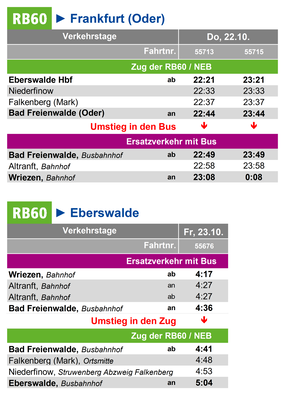 Fahrplan des Ersatzverkehrs im Zeitraum Do, 22.10. - Fr, 23.10.2026