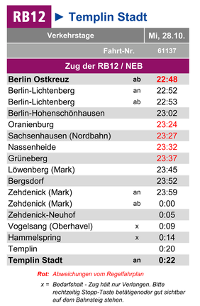 Fahrplan mit abweichenden Fahrzeiten am Mi, 28.10.2026