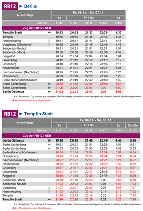 Fahrplan mit abweichenden Fahrzeiten im Zeitraum Fr, 06.11. - So, 08.11.2026