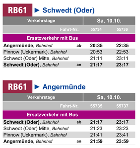 Fahrplan des Ersatzverkehrs am Do, 10.09.2026