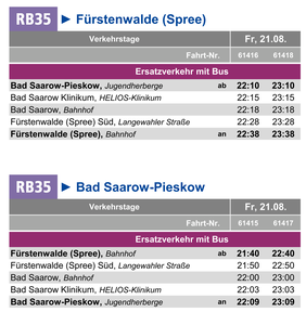 Fahrplan des Ersatzverkehrs am Fr, 21.08.2026