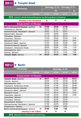 Fahrplan des Ersatzverkehrs am Sa, 31.10.2026
