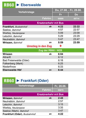 FRANKFURT (ODER) - WRIEZEN: Fahrplan des Ersatzverkehrs im Zeitraum Do, 27.08. - Fr, 28.08.2026