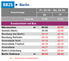 Fahrplan mit abweichenden Fahrzeiten im Zeitraum Fr, 23.10. - Sa, 24.10.2026