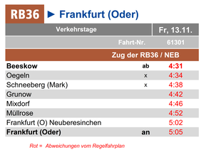 Fahrplan mit abweichenden Fahrzeiten am Fr, 13.11.2026