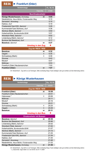 KÖNIGS WUSTERHAUSEN - BEESKOW: Fahrplan des Ersatzverkehrs im Zeitraum Do, 15.10. - Fr, 16.10.2026