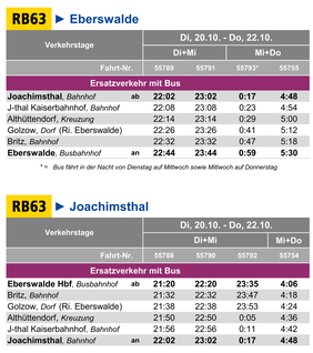 Fahrplan des Ersatzverkehrs im Zeitraum Di, 20.10. bis Do, 22.10.2026