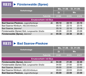 Fahrplan des Ersatzverkehrs im Zeitraum Mo, 31.08. -  Di, 01.09.2026