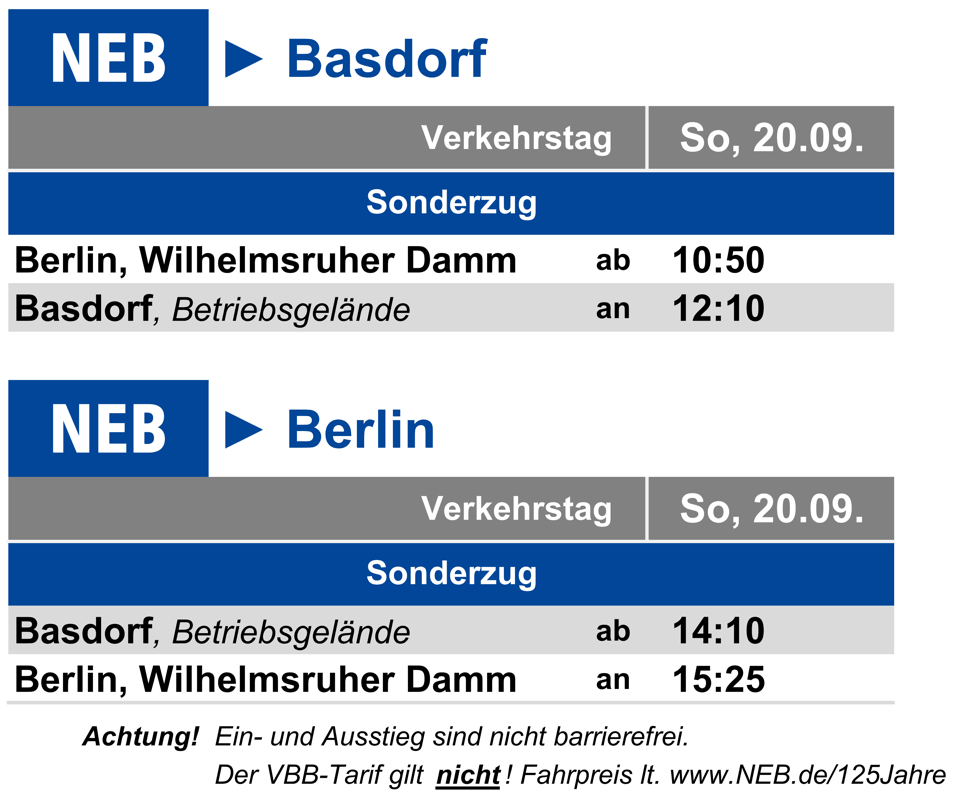 Fahrtzeiten der Sonderfahrt auf der Heidekrautbahn-Stammstrecke zum Tag der Schiene am 20.9. Fahrtzeiten der Sonderfahrt auf der Heidekrautbahn-Stammstrecke zum Tag der Schiene am 20.9.
