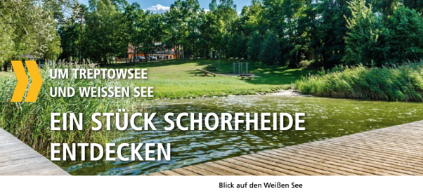Blick vom Holzsteg auf Uferwiese am Weißen See in Böhmerheide, Barnimer Land
